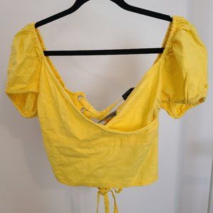 Lace-Up Surplice Puff Sleeve Crop Top - Linen Blend